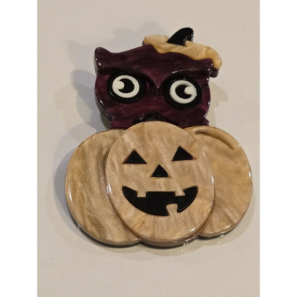 Pumpkin Patch Owl Jack O Lantern Acrylic Halloween Brooch Pin #1394